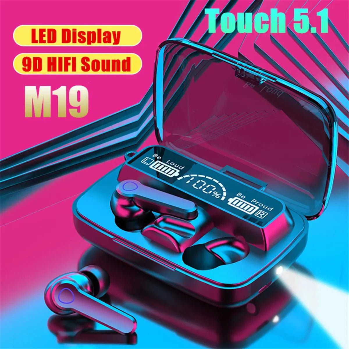 M19 EARBUDS TWS EARPHONE TOUCH CONTROL WIRELESS BLUETOOTH 5.1 HEADPHONES WITH MICROPHONE WITH FLASHLIGHT